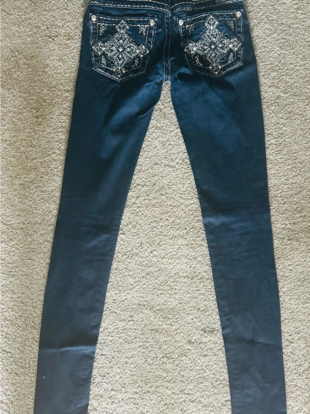 Miss Me Dark Blue Skinny Jeans with Embellished Back Pockets